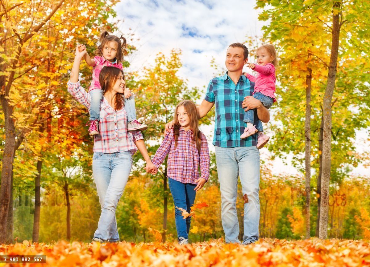 Family walk in the autumn park holding hands
