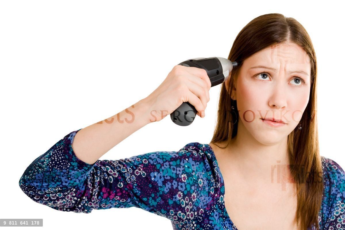 Woman shooting herself with screwdriver