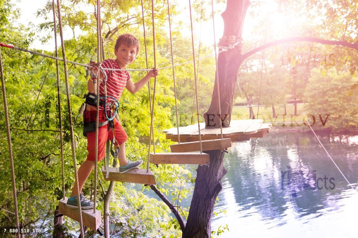 Happy boy pass suspended ropes bridge exercise