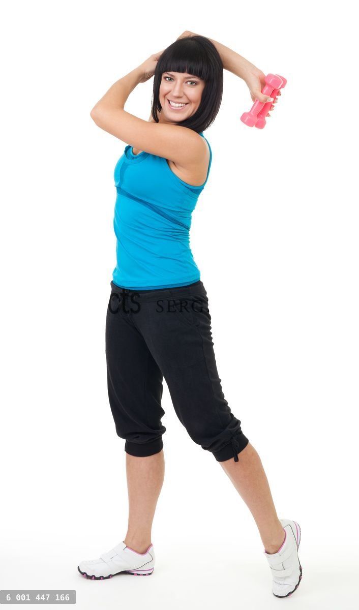woman smile and exercise with dumbbell