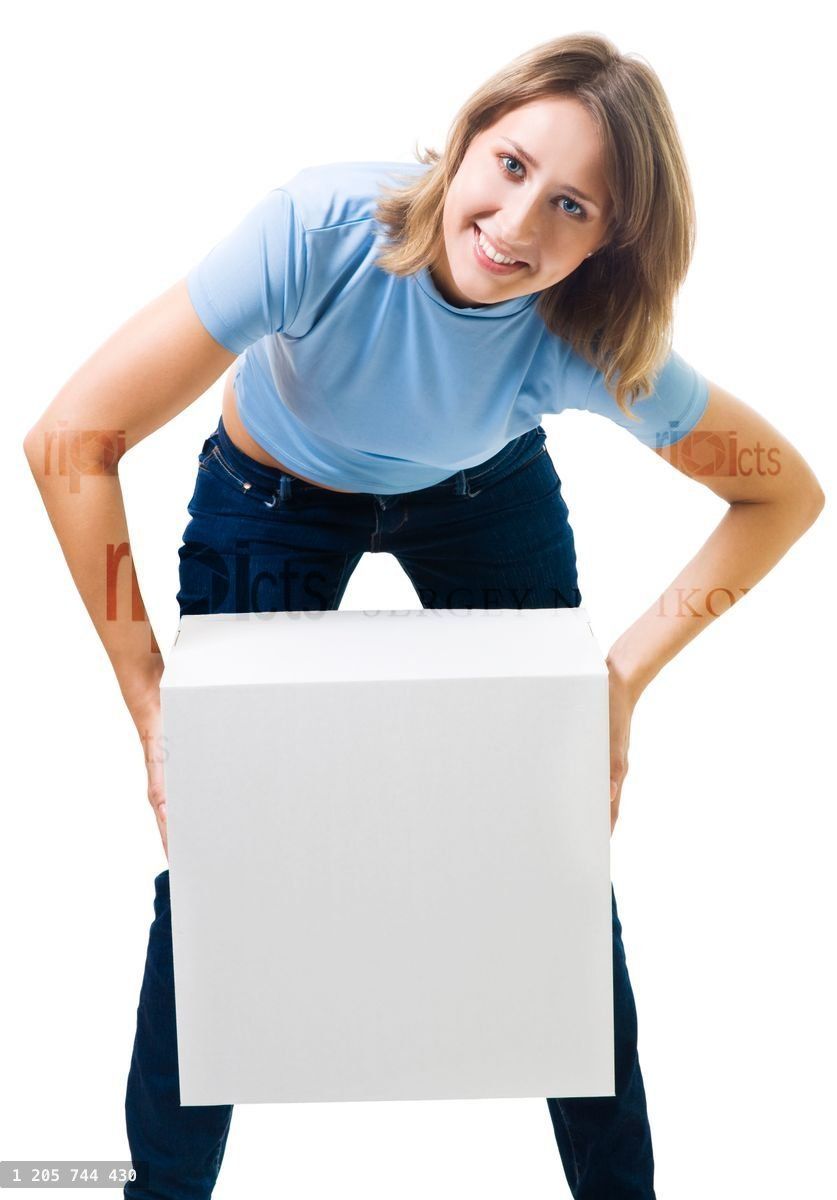 Woman cary blank white bok and smile