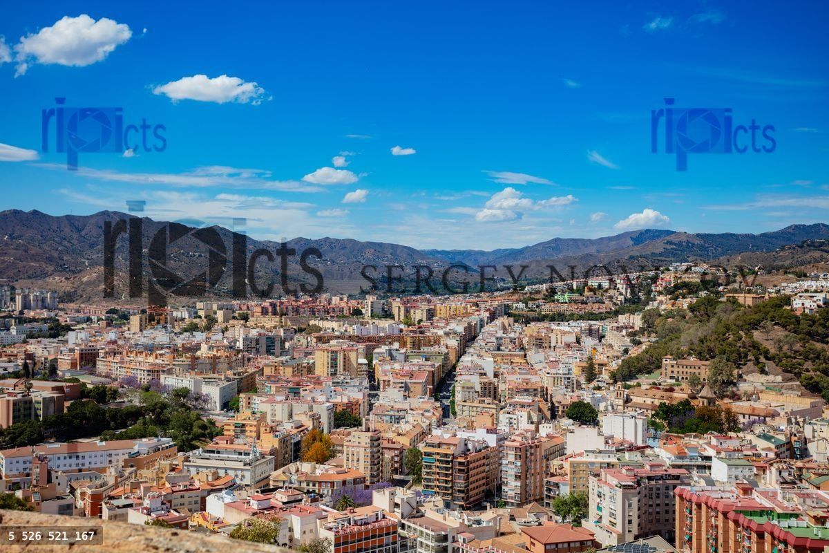 General panorama of old Malaga downtown toward mountain view