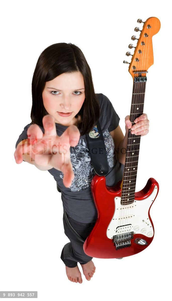 frighten woman with red guitar
