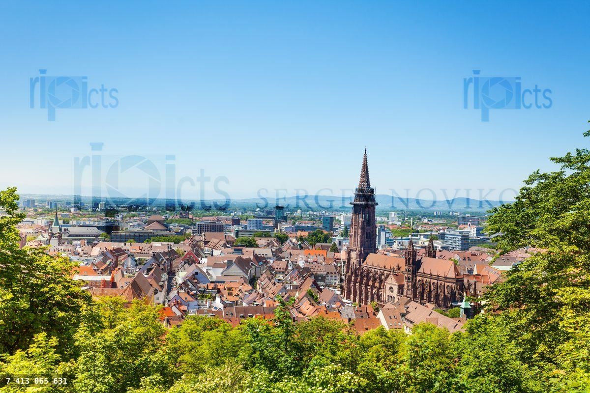 Freiburg cityscape with Munster against blue sky