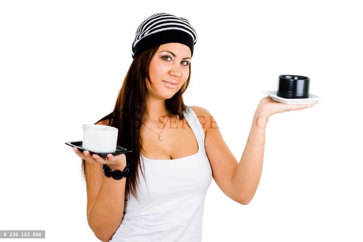 woman with black and white cups