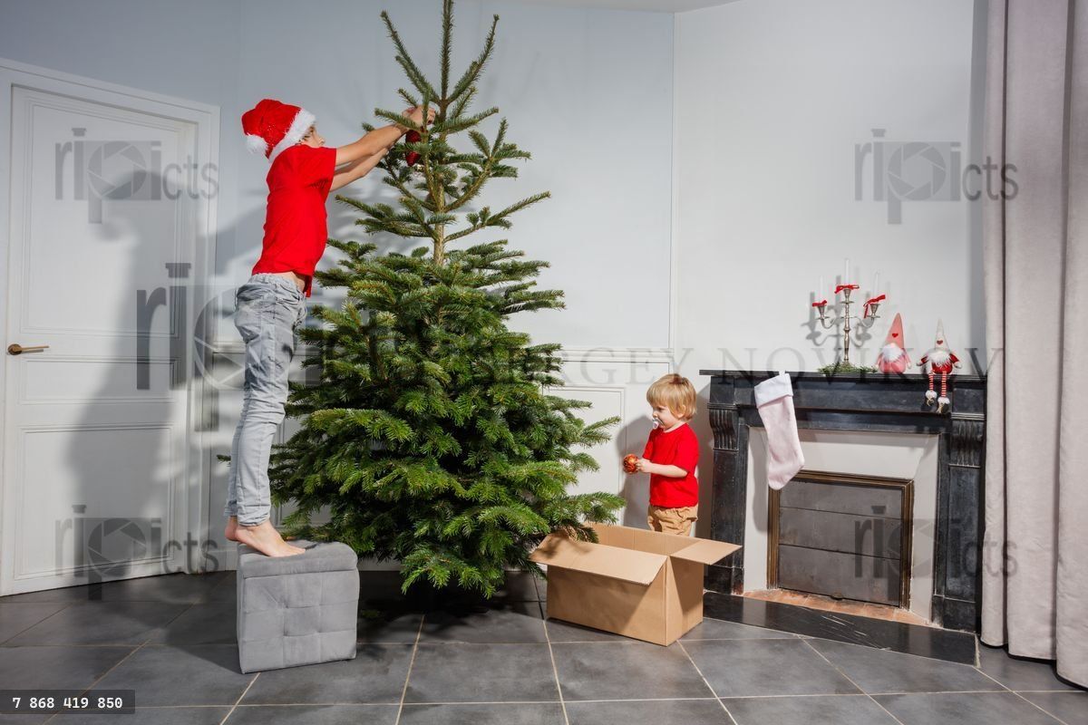 Young boys in Santa hat start decorating Christmas tree together
