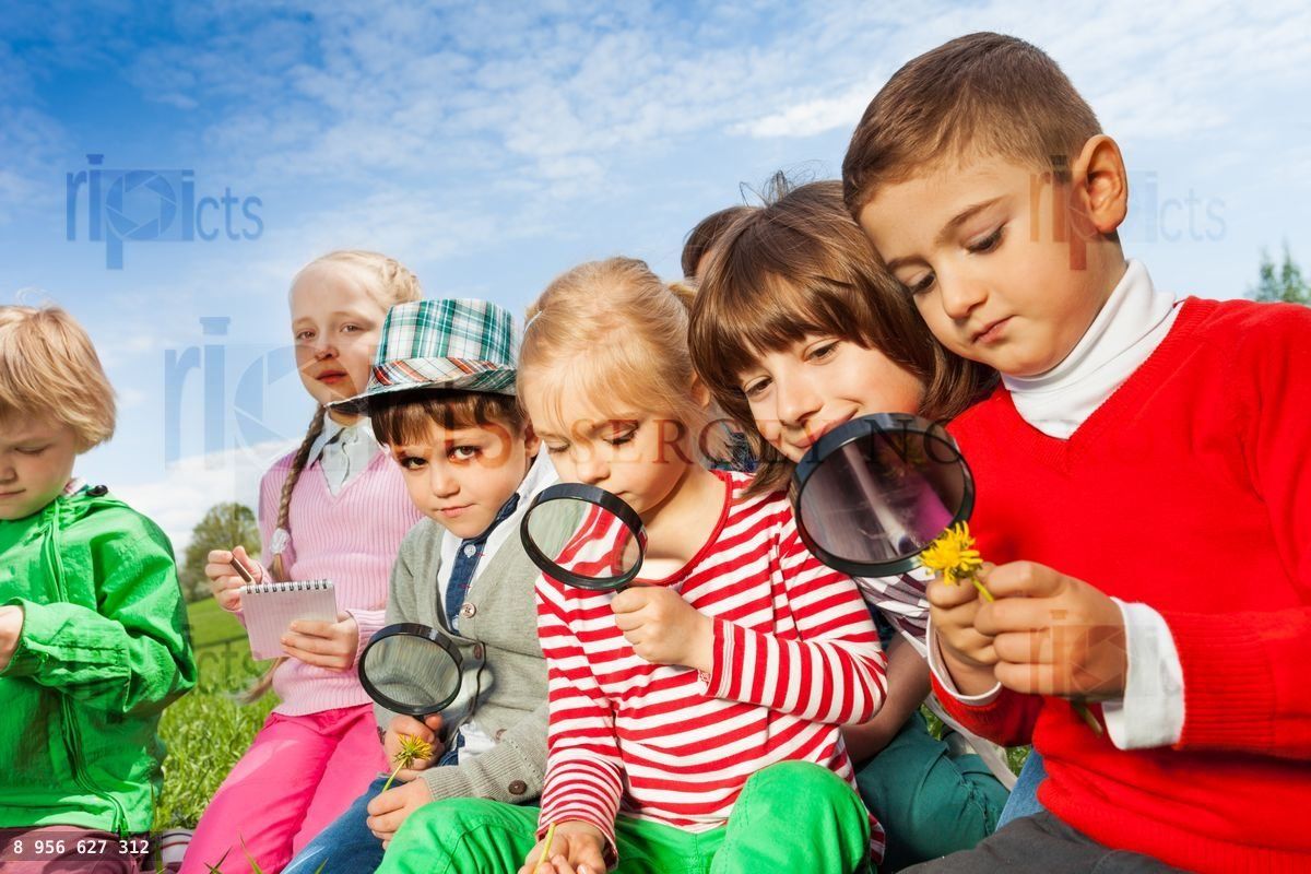 Groupe d'enfants assis dans un champ avec une loupe