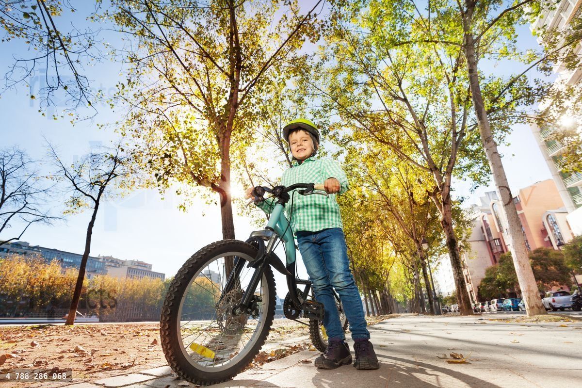 Happy boy in helmet holding bike
