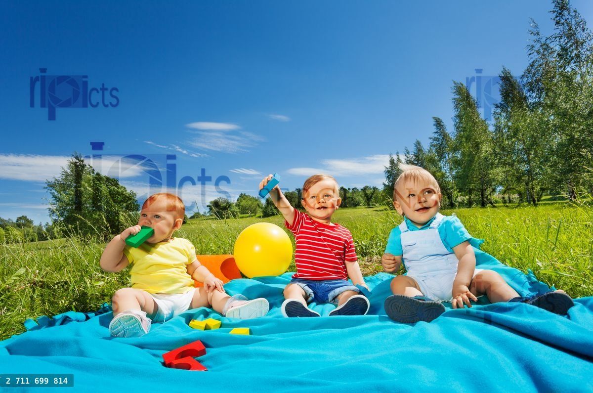 Wonderful cute toddlers sit on blanket in field