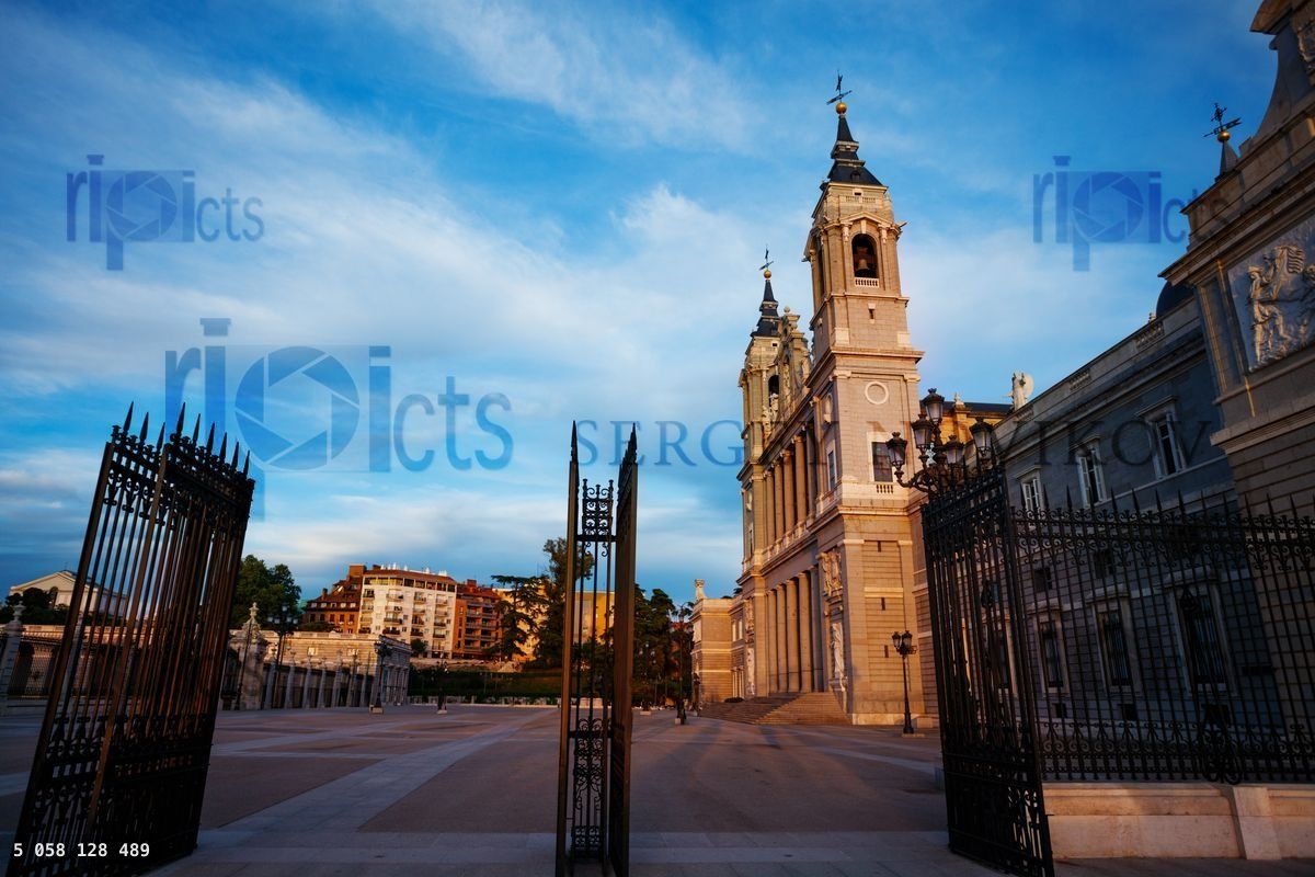 Gates at Almudena Cathedral and Plaza de la Armeria town square