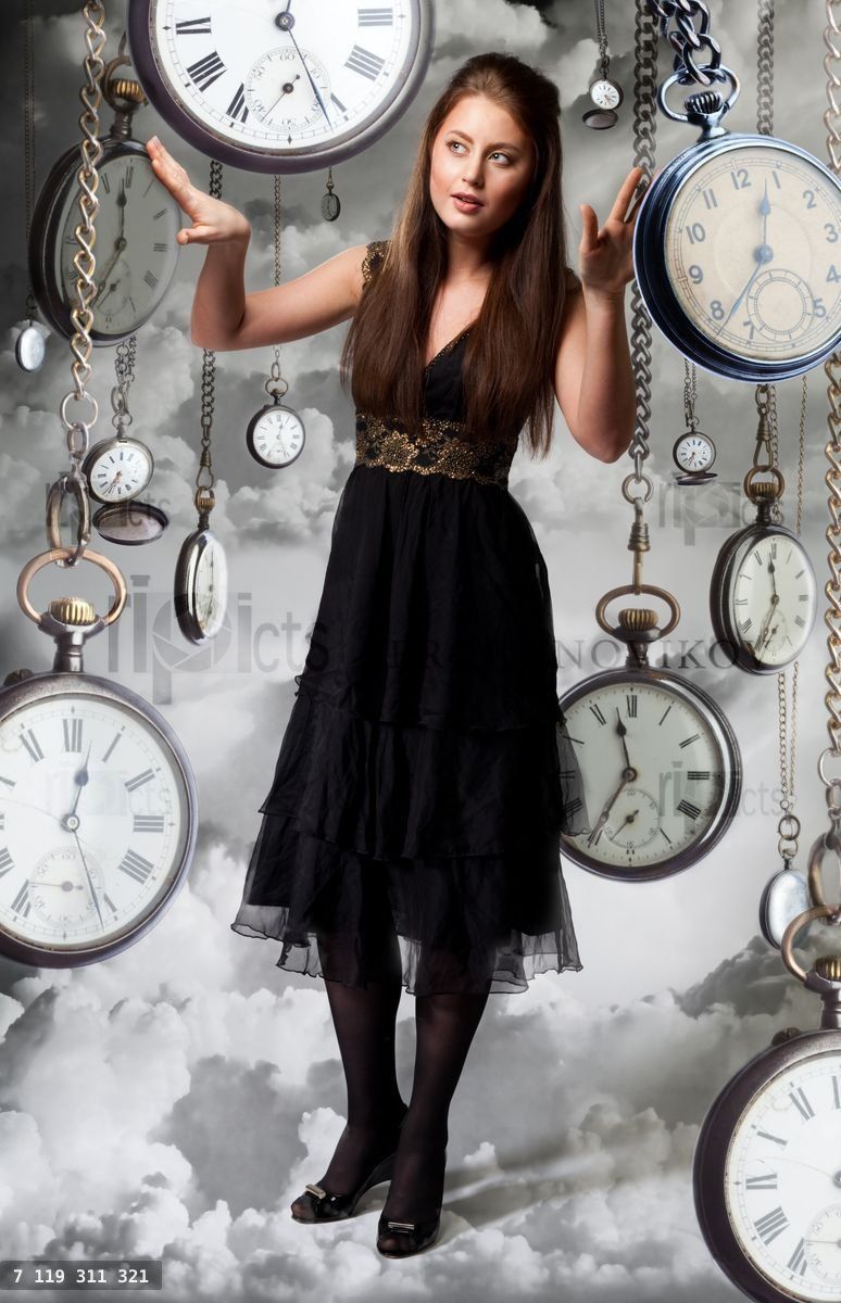 Woman walking among watches in the cloud like in dream