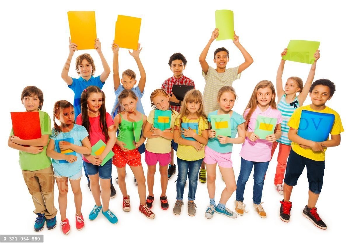 Group portrait of class isolated on white