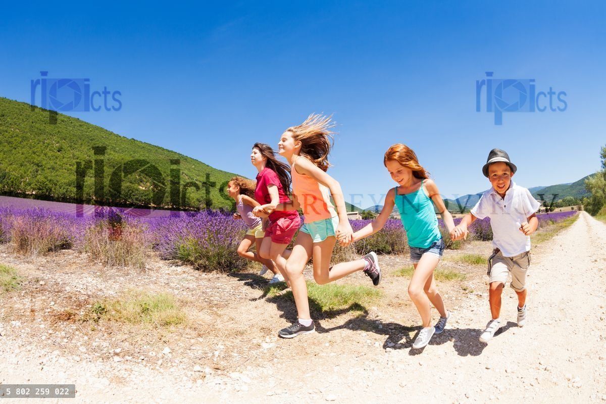 Group of happy children running in lavender field