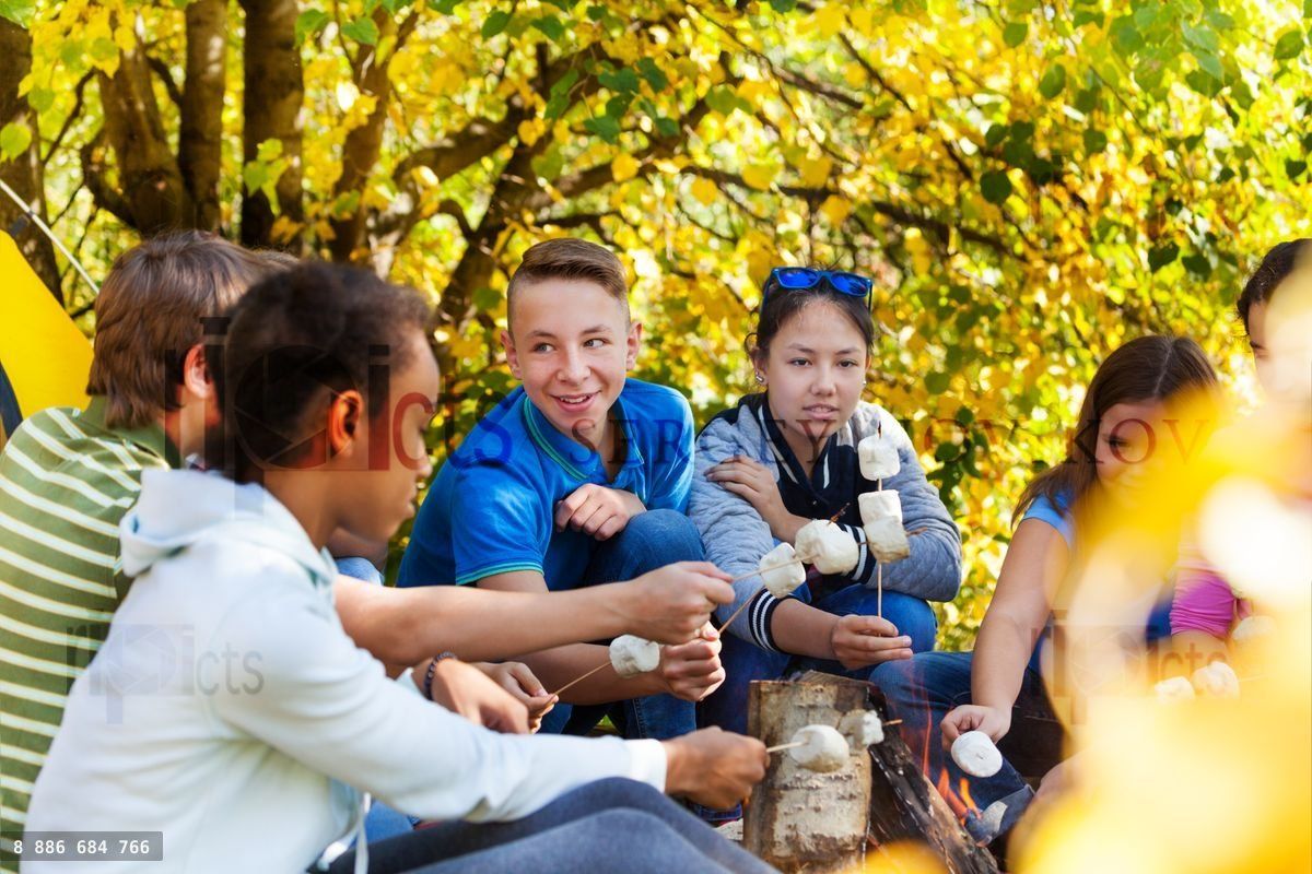 Friends holding marshmallow sitting near bonfire
