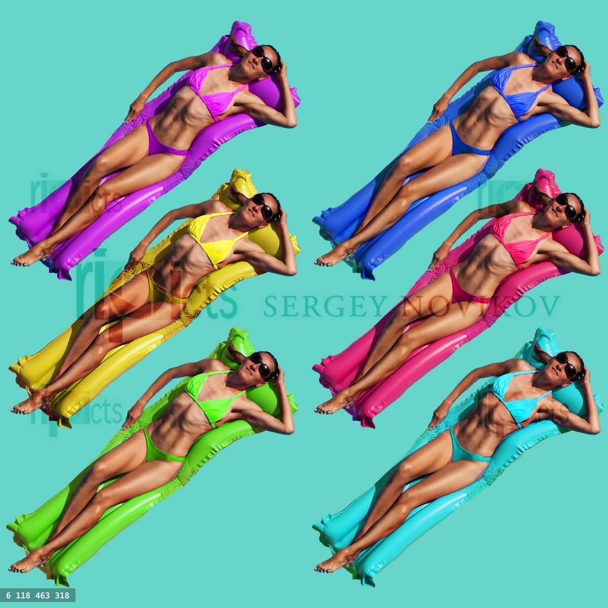 Women swim different color matrasses on blue