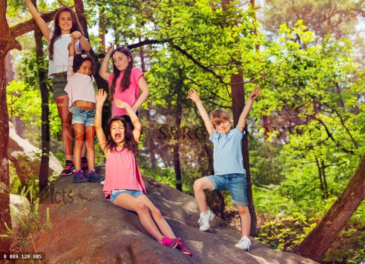 Group of kids cheering standing on stone in forest