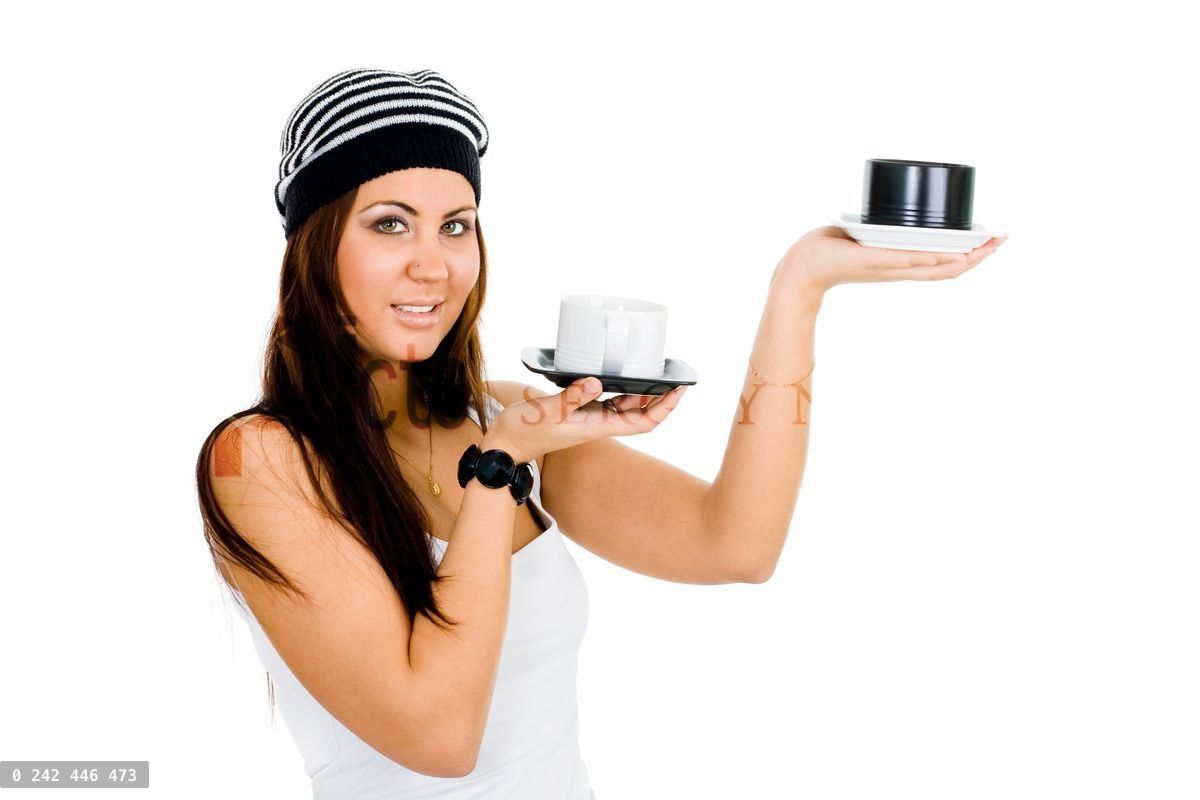 woman with black and white cups