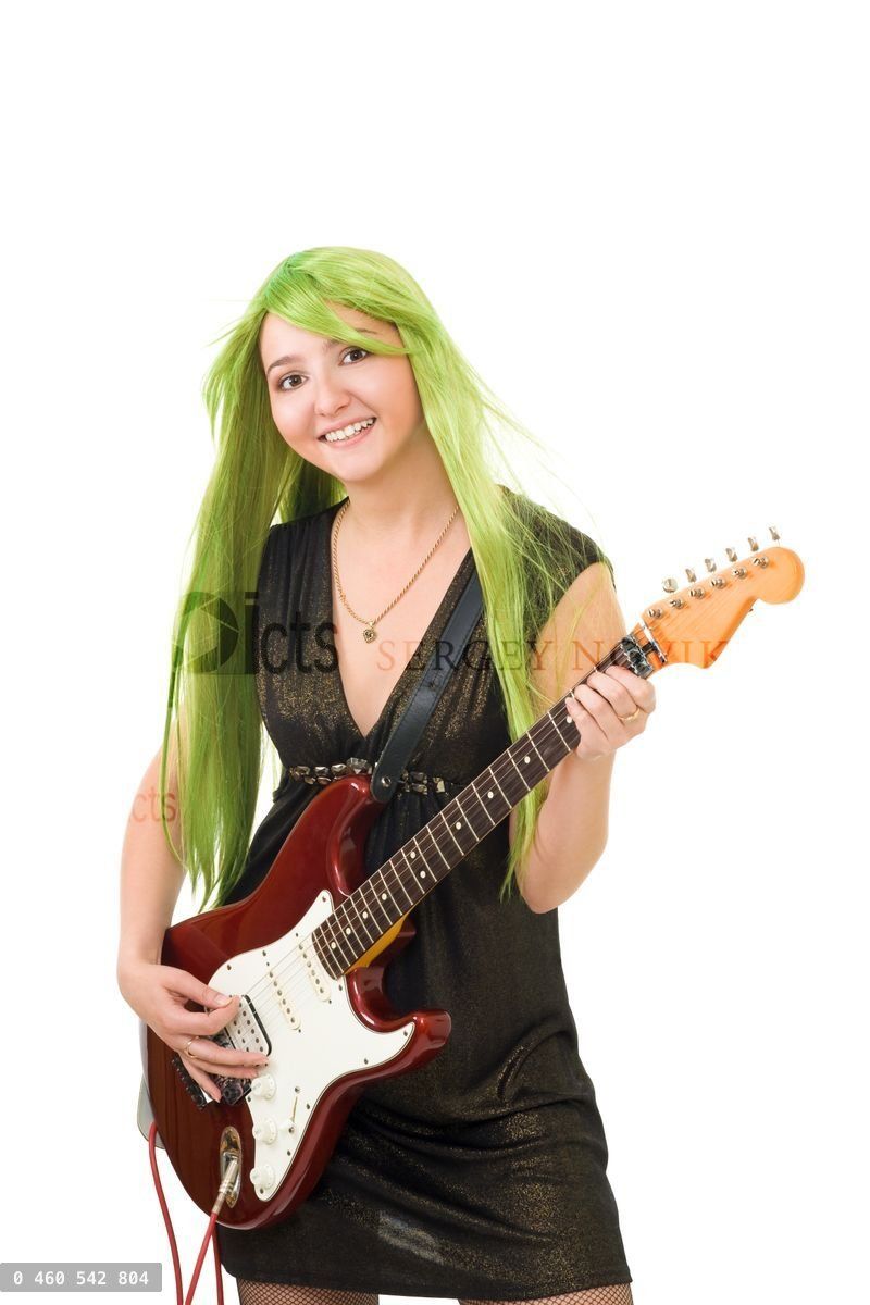 woman with color hair play guitar