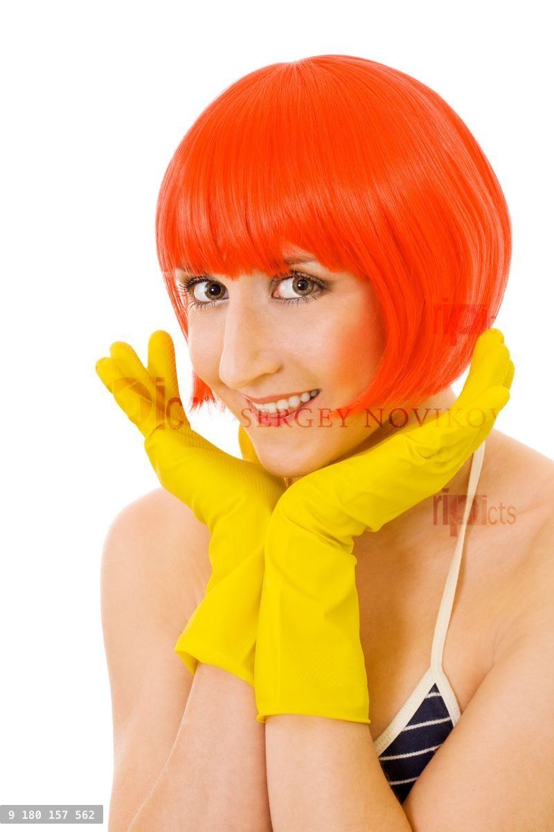 woman in red wig and yellow gloves