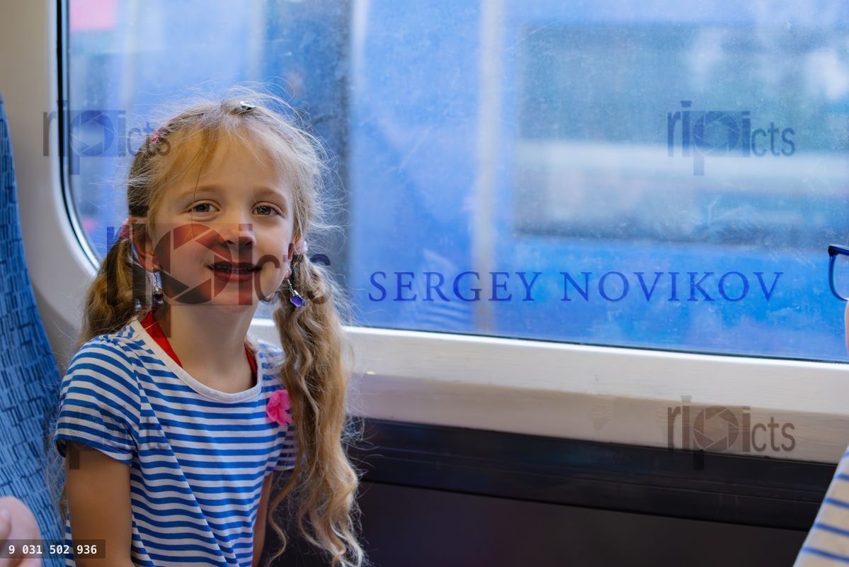 Young girl with pigtails smiles while seated by a train window