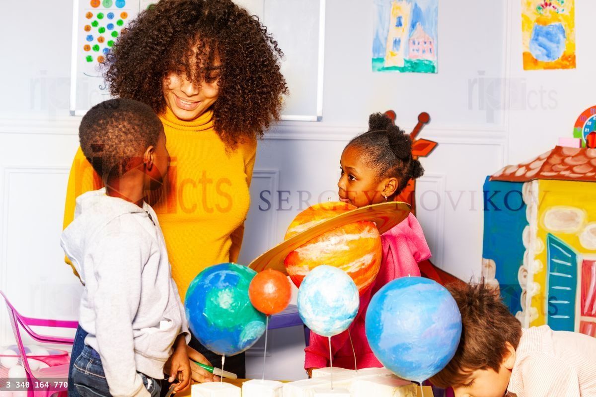 Group of kids in nursery school play learn planet