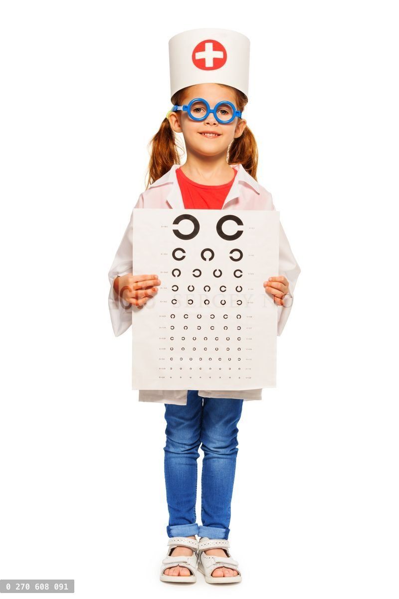 Girl dressed in ophthalmologist's costume and cap
