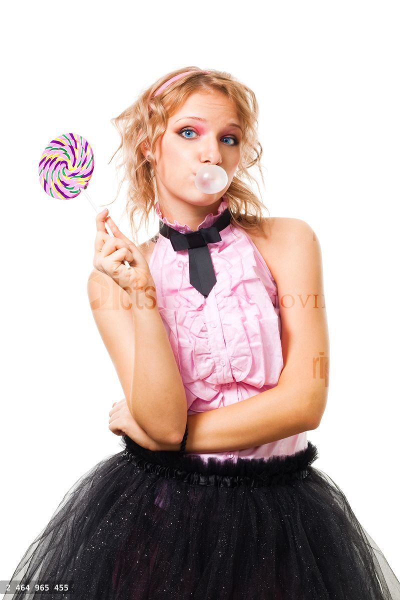 Woman blow up gum and hold candy