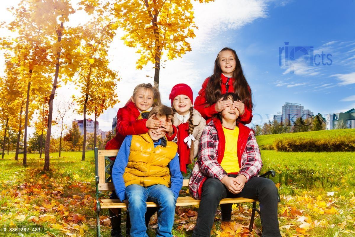 Friends and surprise guess who action with girls hiding boys face with palms