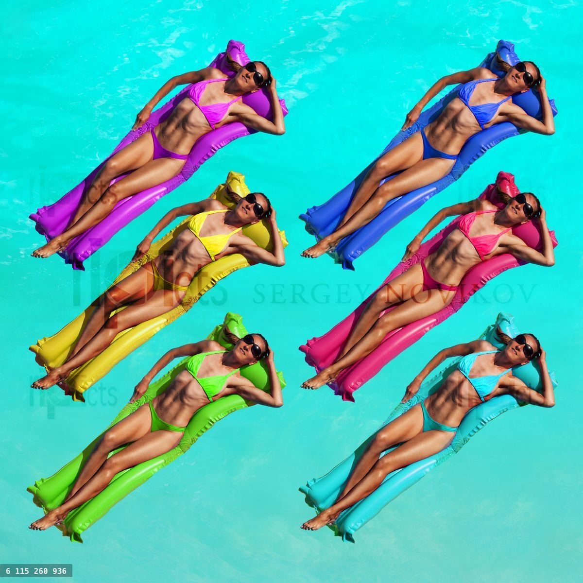 Women on different color matrasses in sea water