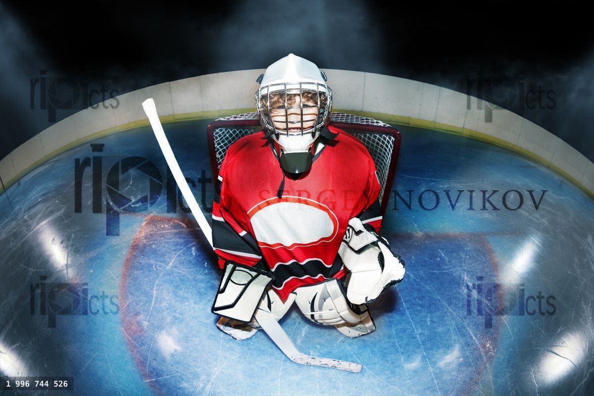 Young goaltender with hockey stick at the rink