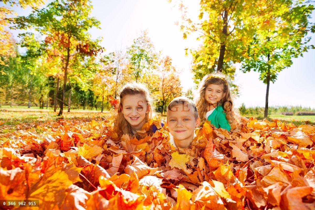 Kids having fun laying on the ground with leaves
