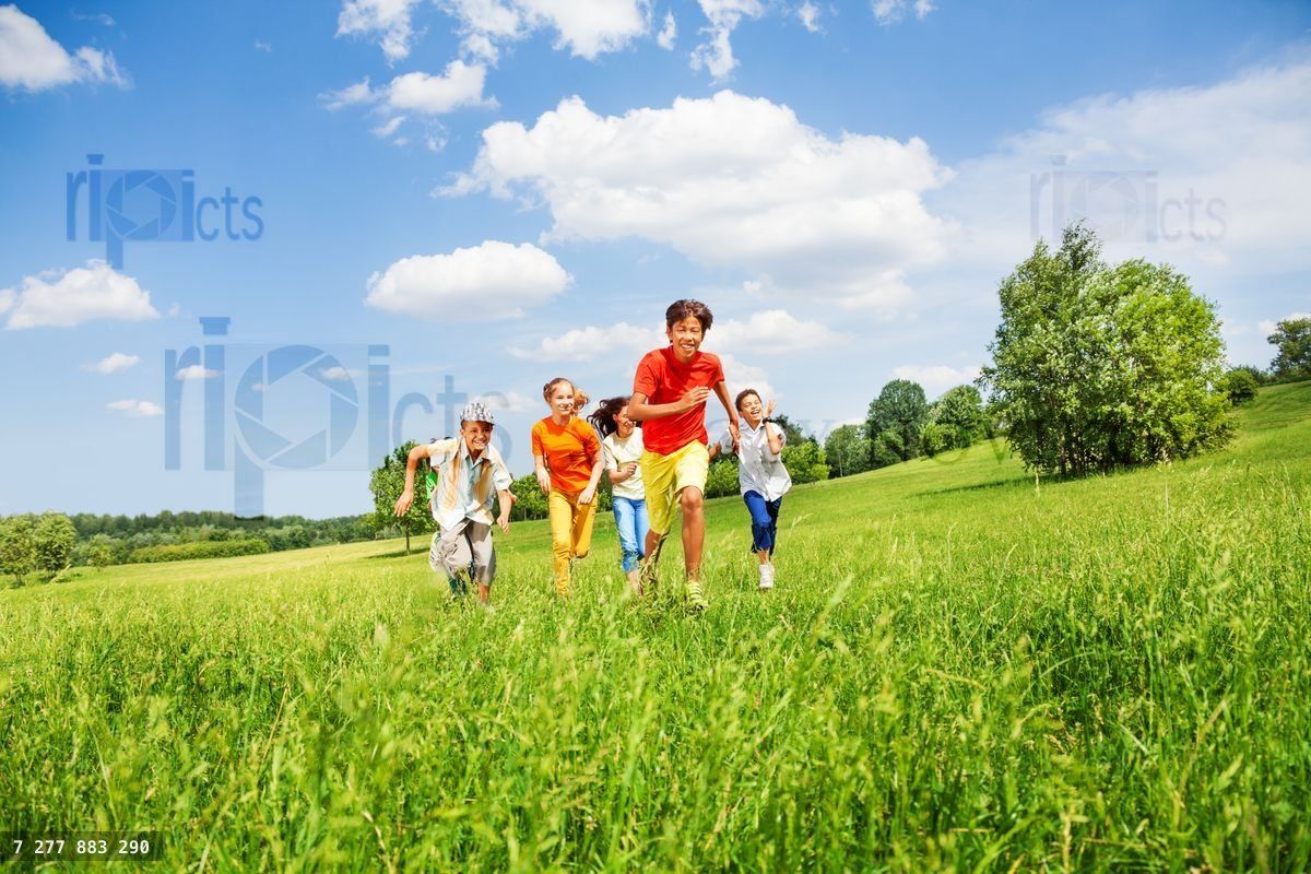 Funny children running together in the field