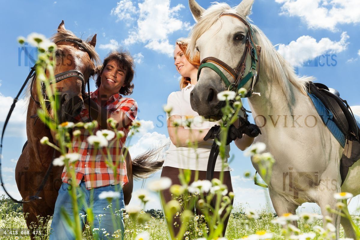 Young couple with horses looking at each other