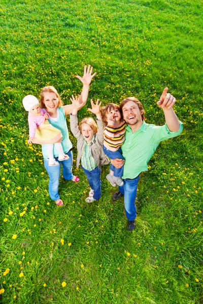 Smiling family portrait from top spot in park